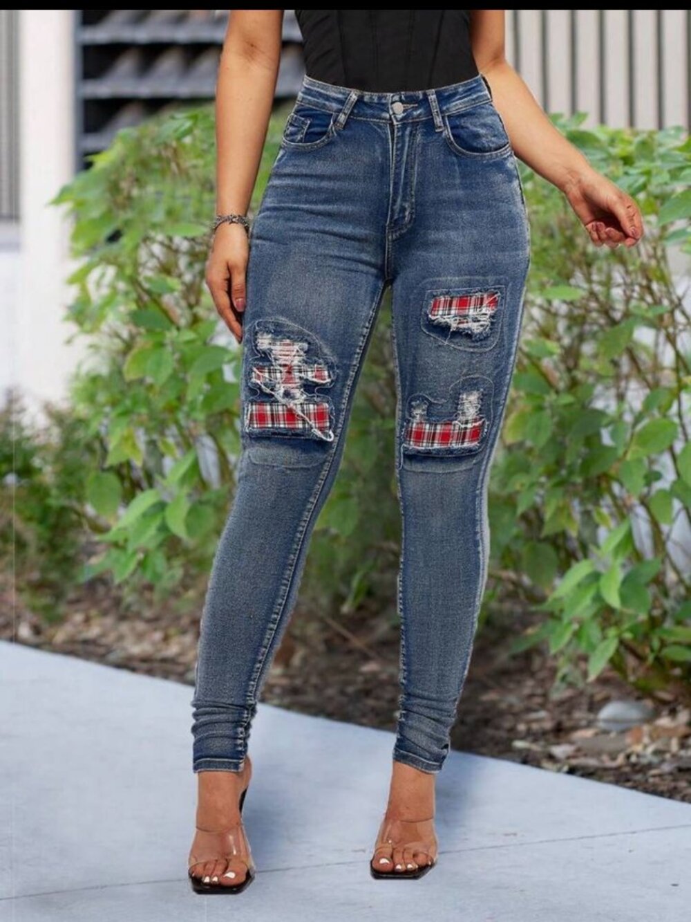 SHEIN LUNE Plaid Patchwork Distressed High Rise Skinny Jeans Blue Wash Size 30